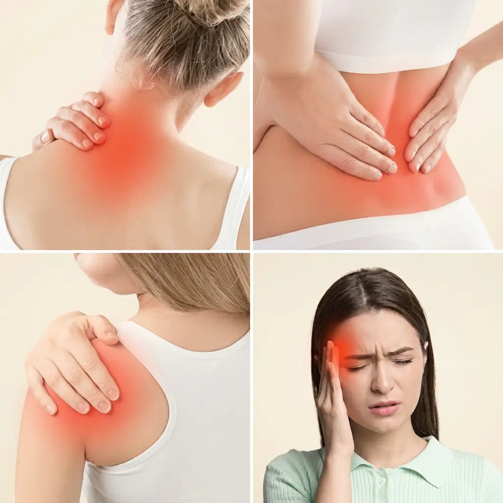 Collage of four scenes with hands holding the back of the neck, lower back, shoulder and temple — areas of pain