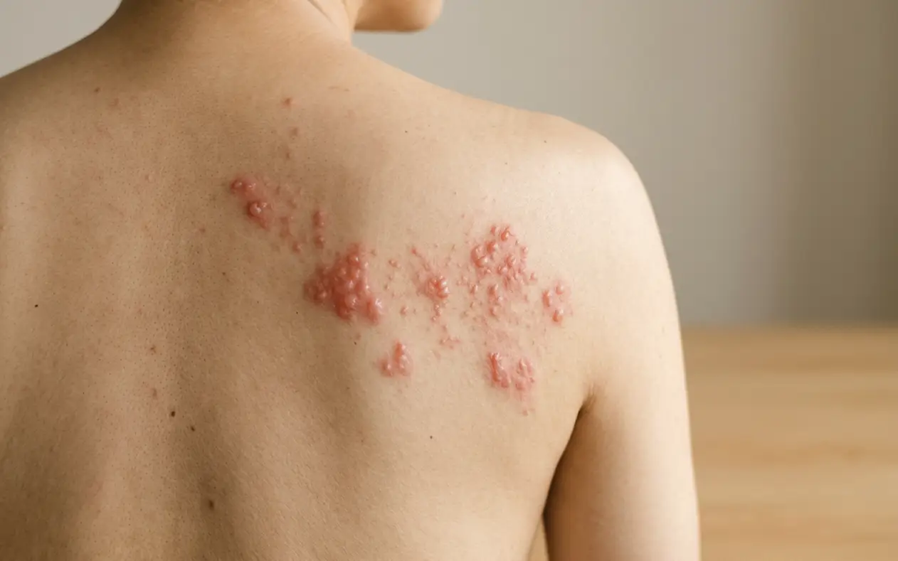 Shingles blisters spread in a band across the back and shoulder
