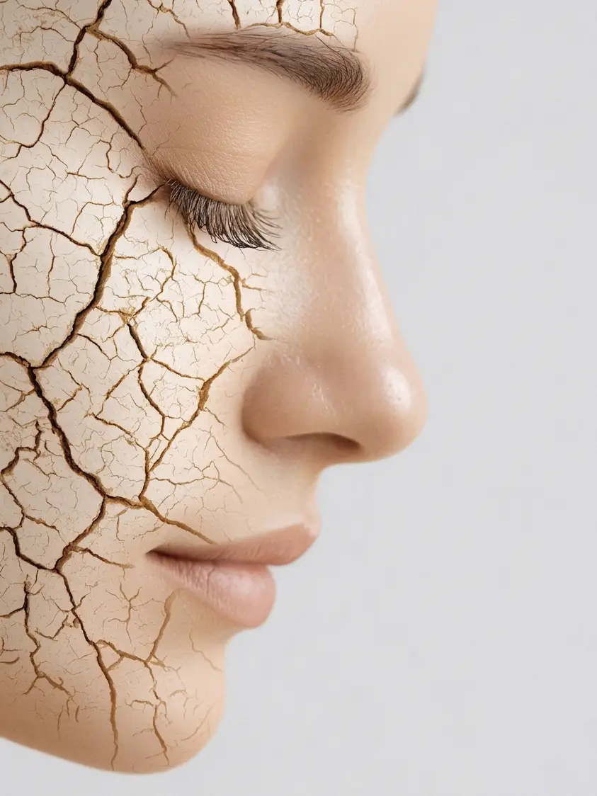 Composite image expressing stiff facial muscles, with one side of the face cracked like dry earth