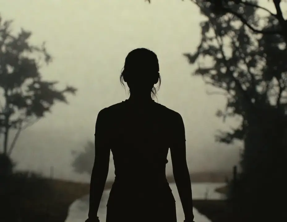Silhouette of a woman standing on a misty road