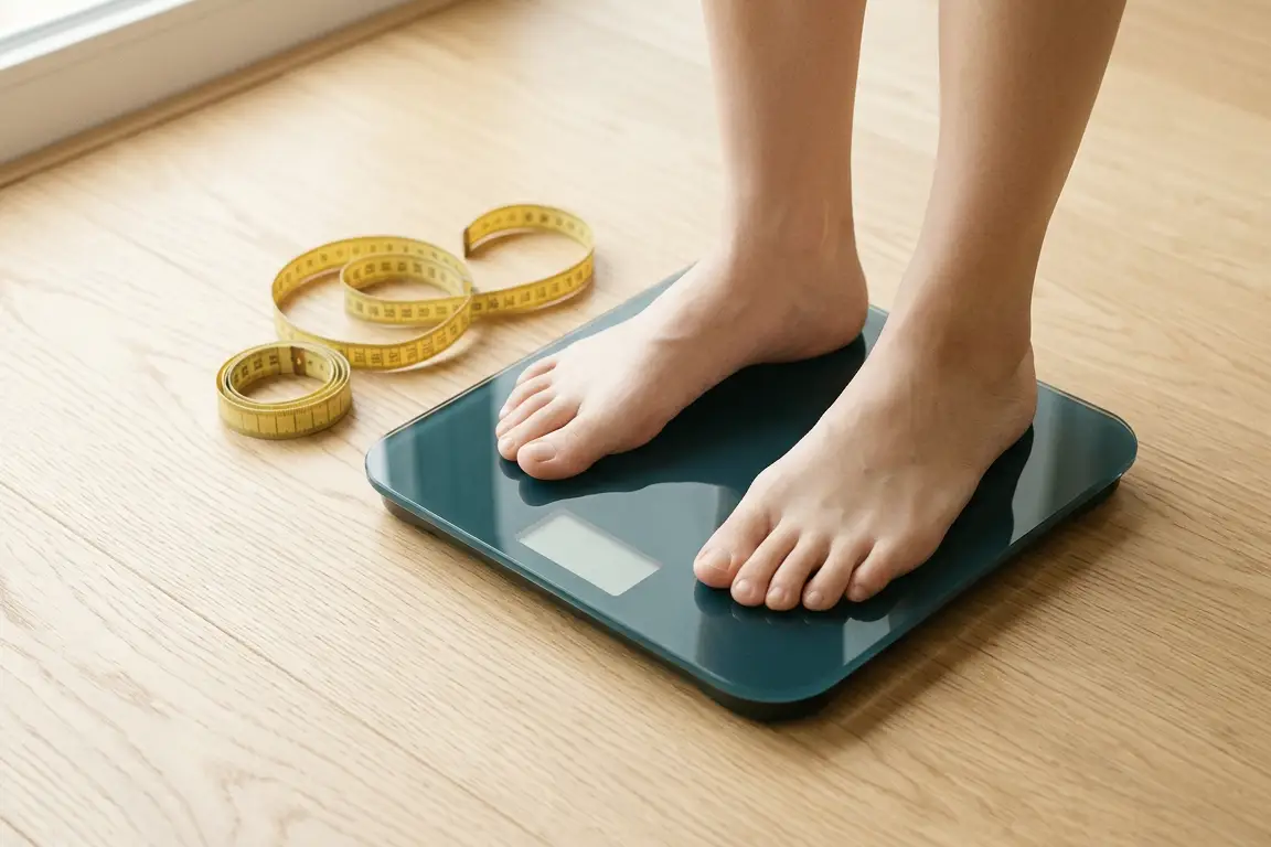 Bare feet standing on a scale on a wooden floor, with a tape measure