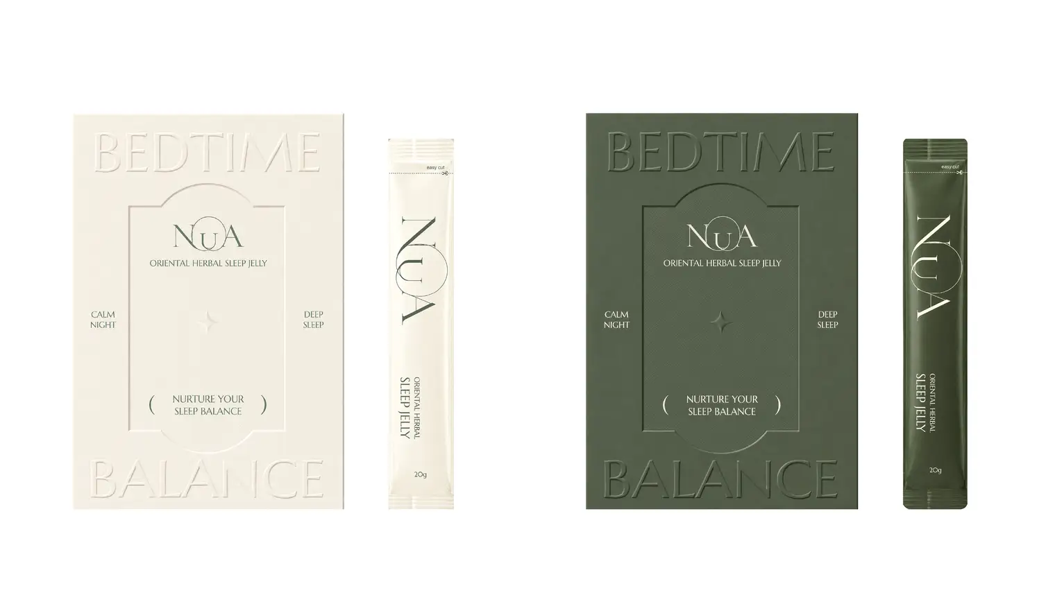 Mock-ups of product boxes and stick pouches with the NUA logo, in cream and deep green