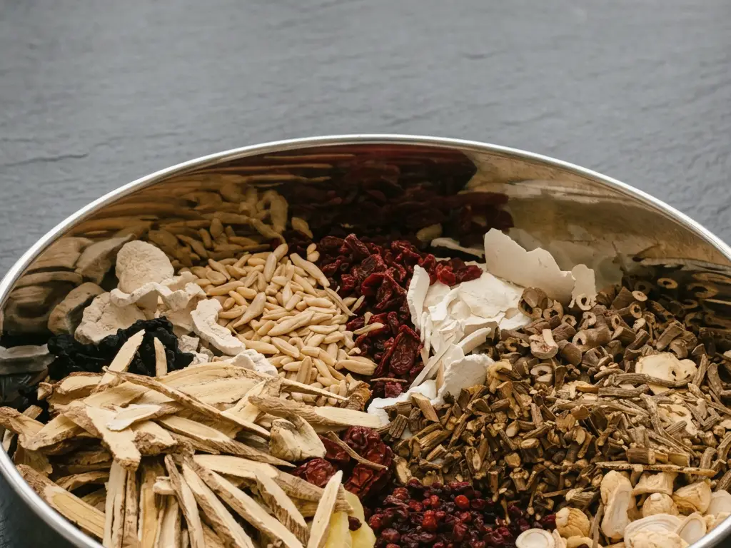 Dried herbal ingredients sorted by type in wide bowls