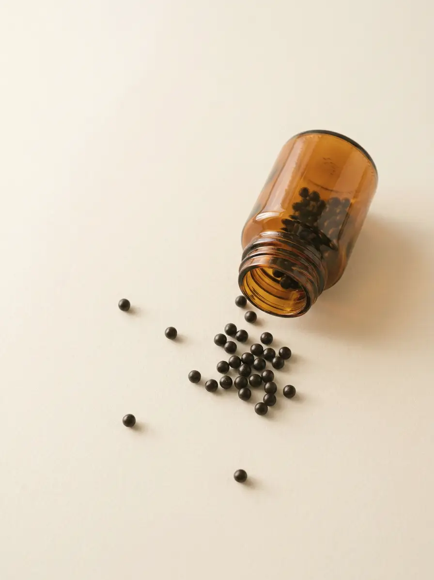 Small herbal pills spilling out of an open brown medicine bottle