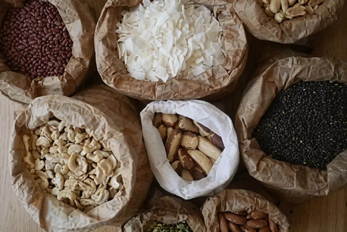Various dried herbs and grains in sacks