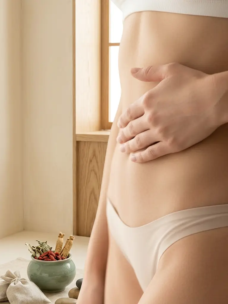 Side view of a woman with her hand on her abdomen