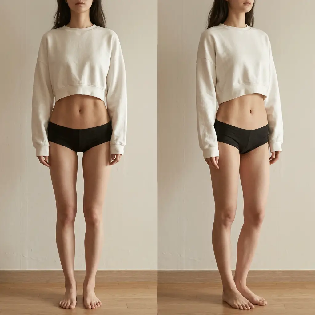 Two full-length photos of the same person placed side by side