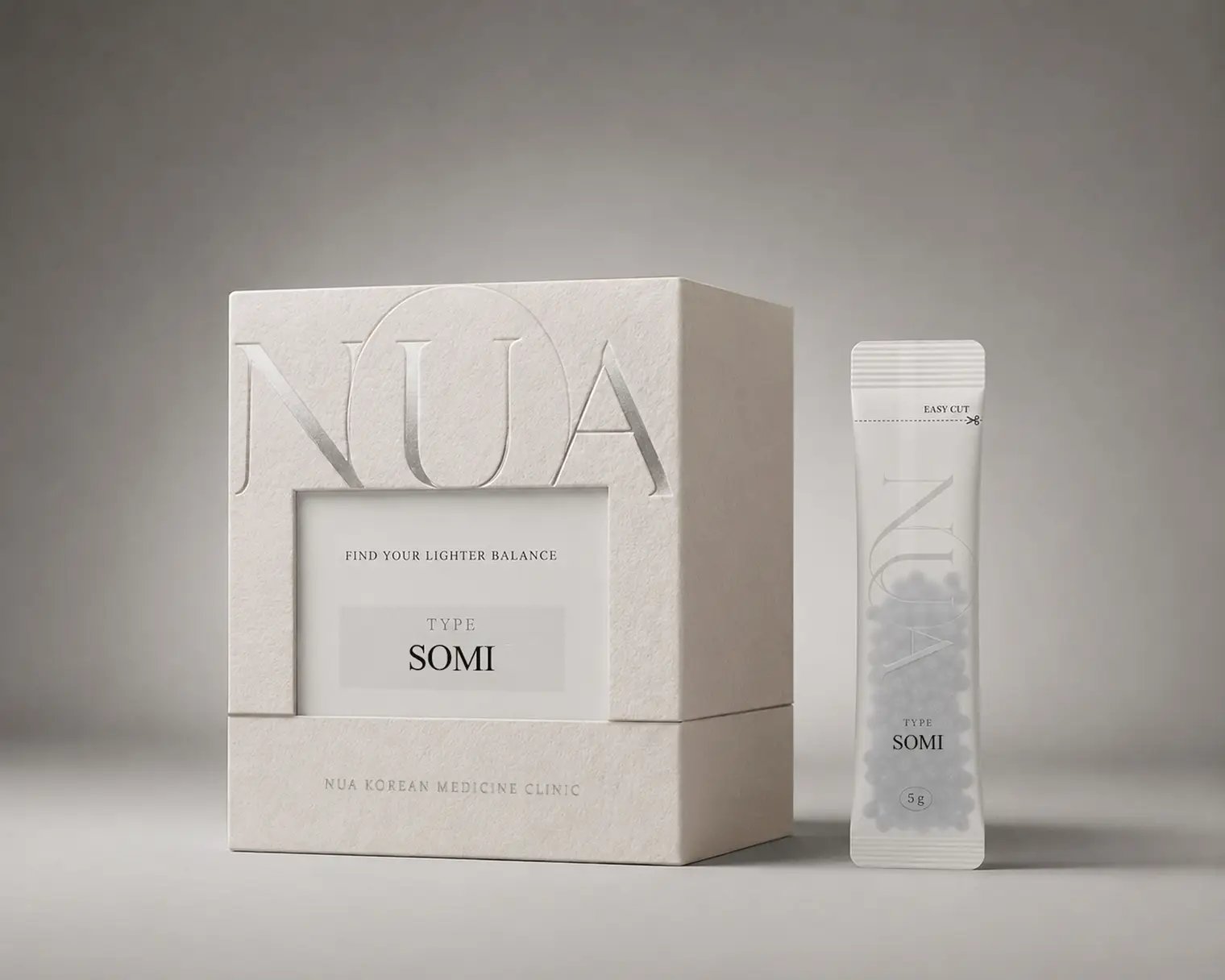 Mock-up of a white box with the NUA logo and TYPE SOMI stick pouches