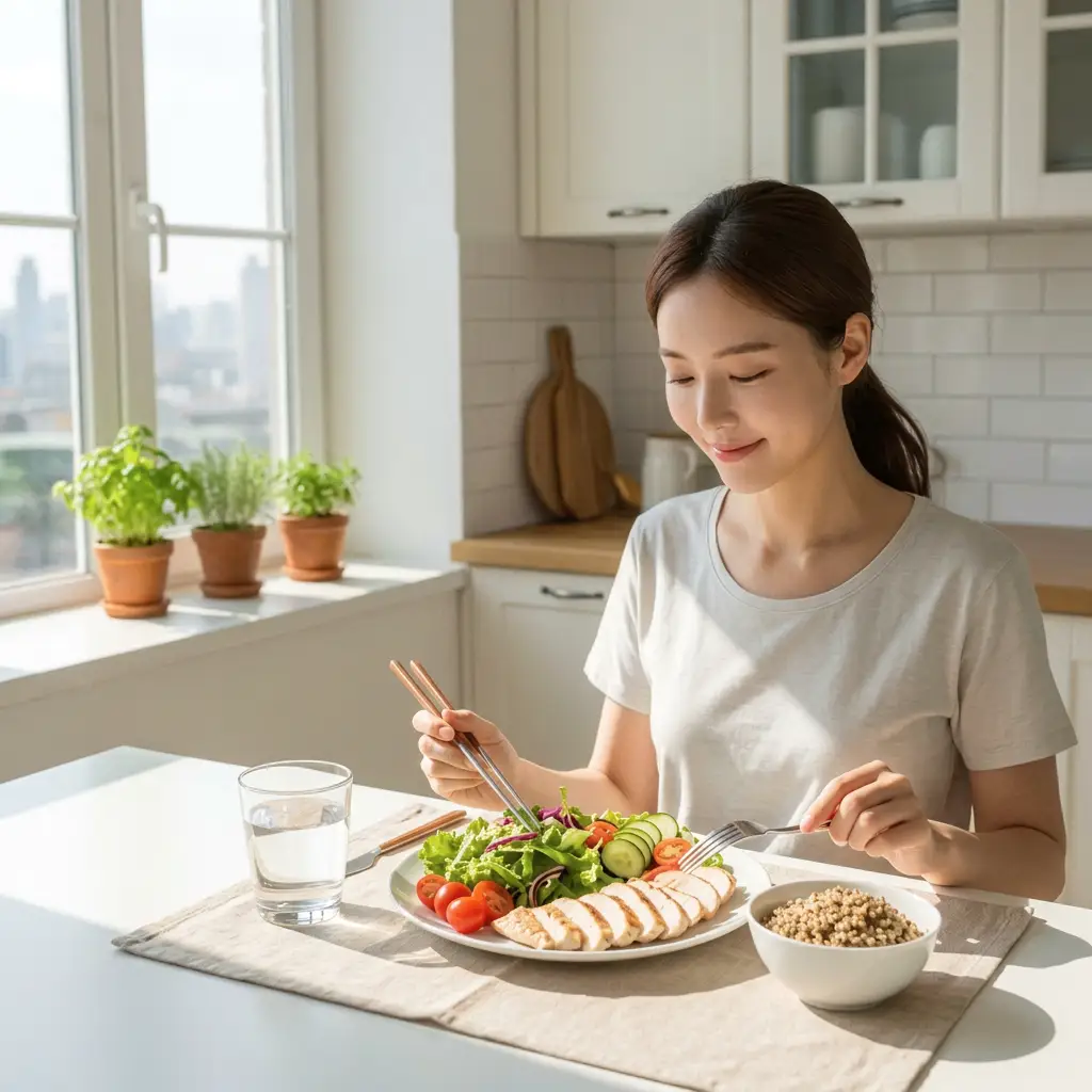 A woman eating a salad in a bright kitchen