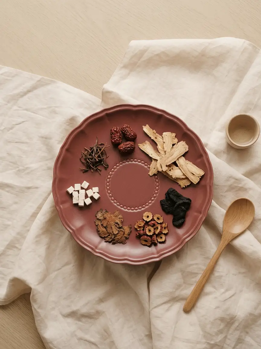Dried medicinal herbs arranged by type on a red plate