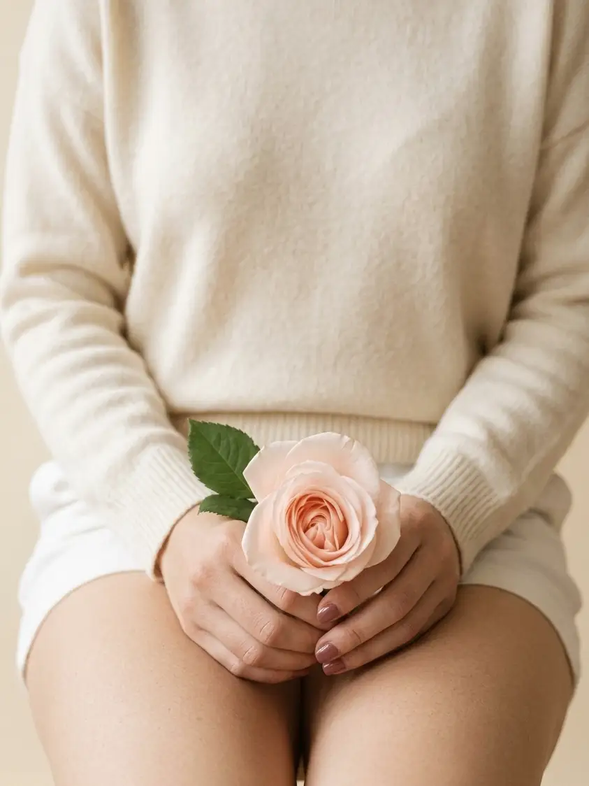 A woman holding a single rose on her knees