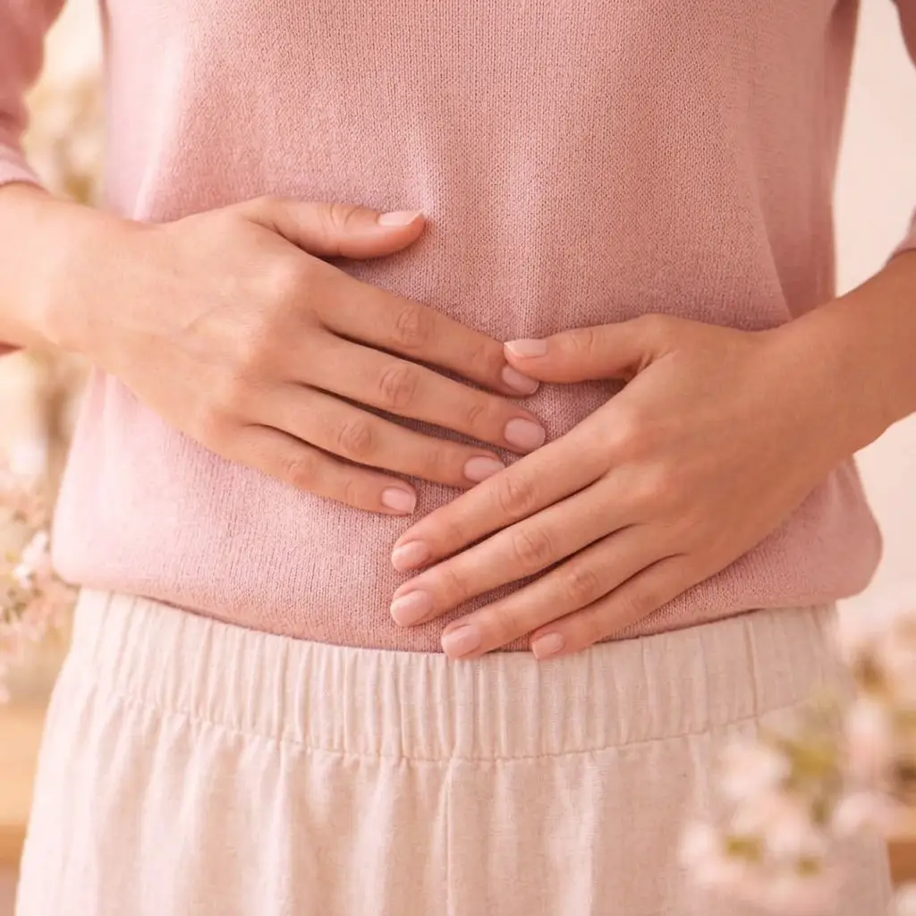 A woman in a pink knit holding her lower abdomen with both hands