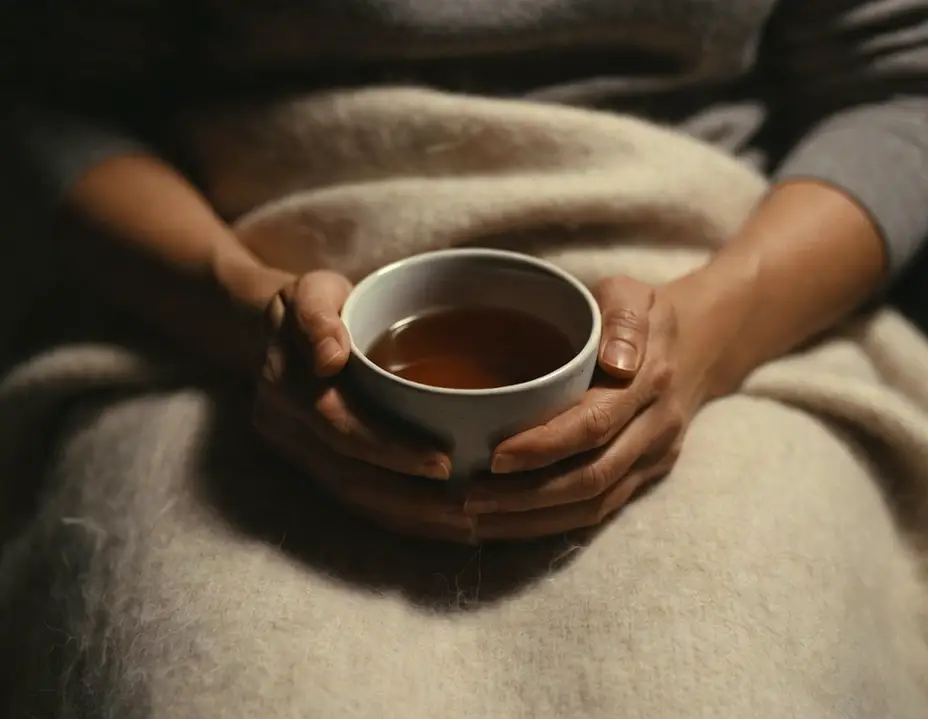 Holding a cup of warm tea in both hands with a blanket wrapped around the shoulders