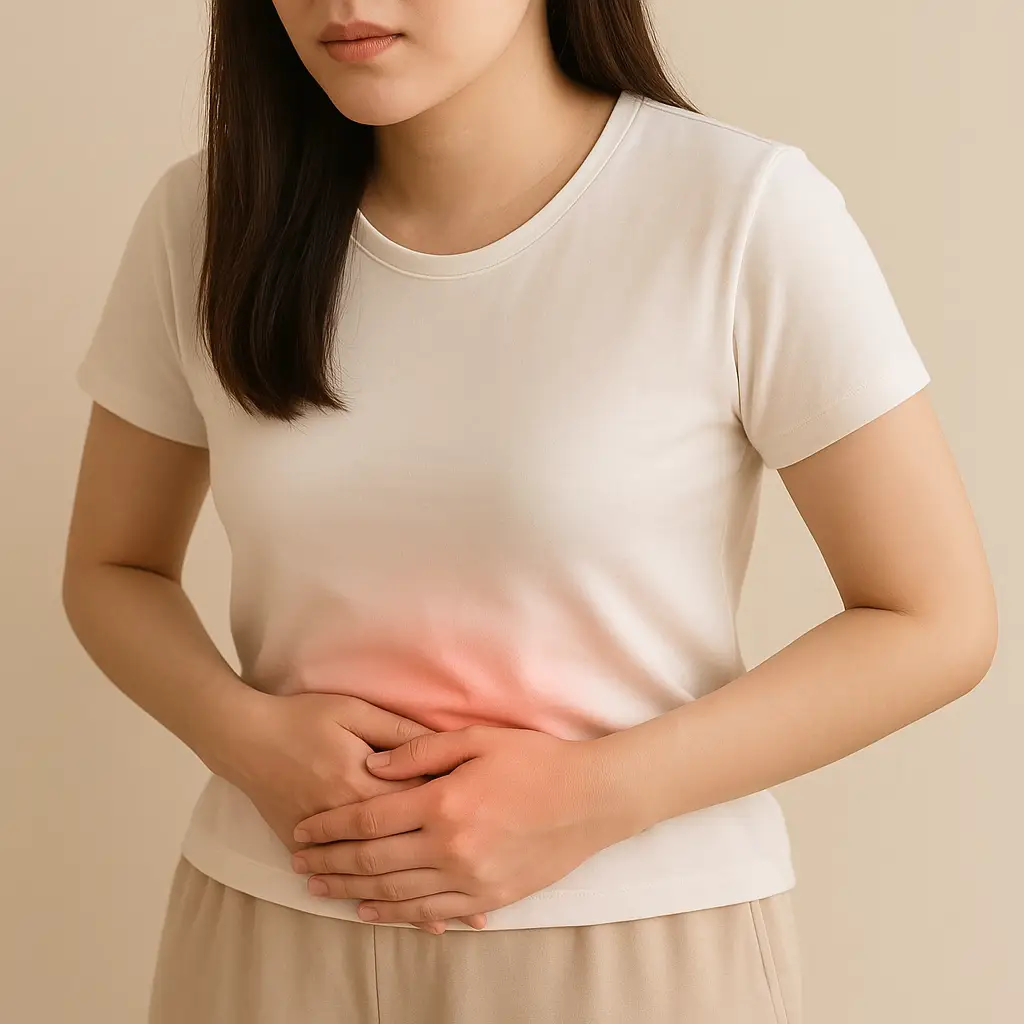 A woman with both hands on her lower abdomen, the uncomfortable area marked in red