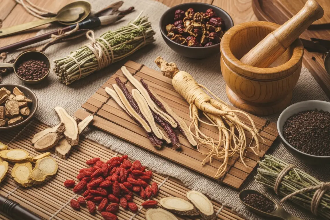 Bundles of dried medicinal herbs and a mortar on a cutting board