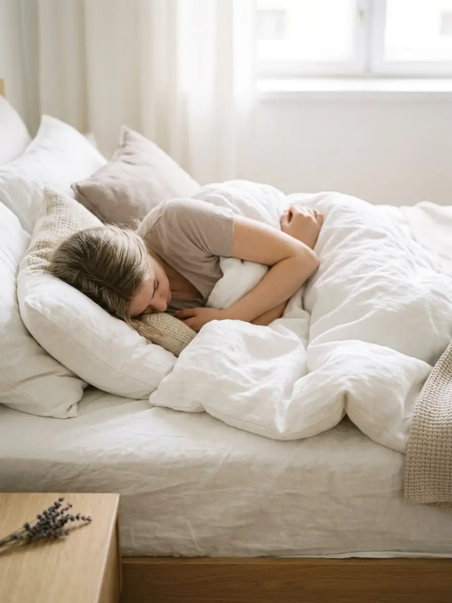 A woman lying curled up under a blanket