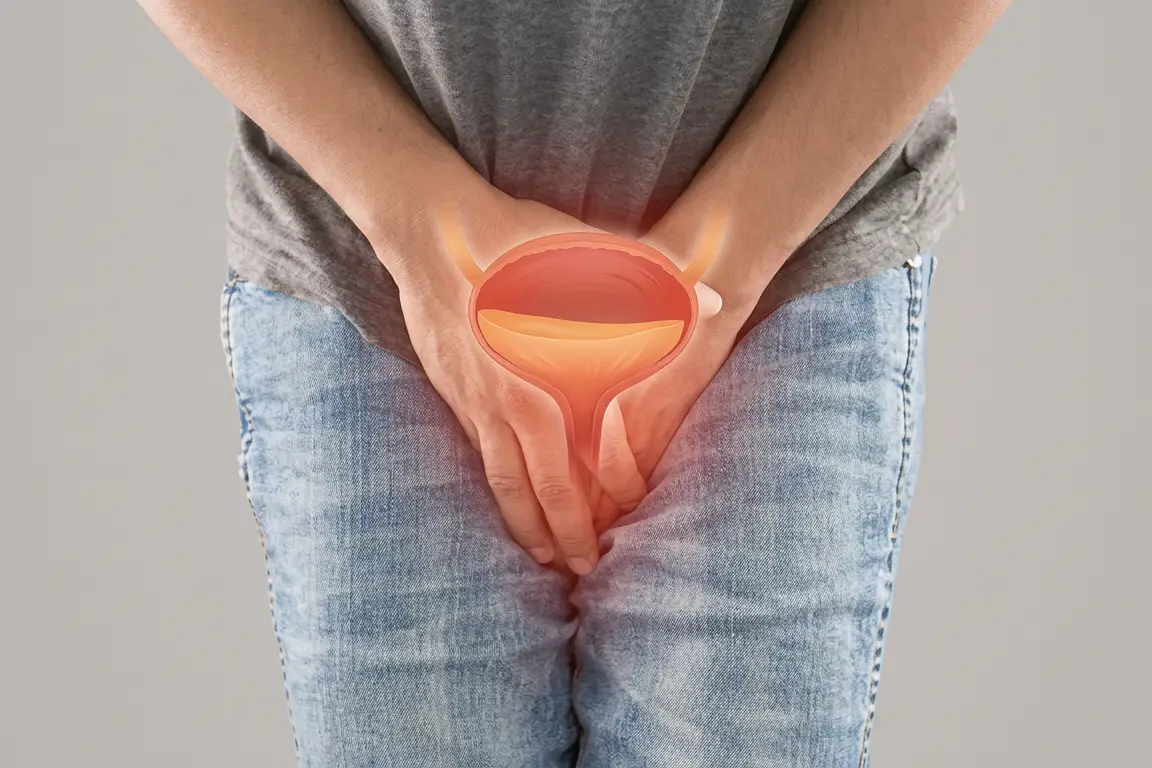 An illustration of the bladder overlaid on the lower abdomen