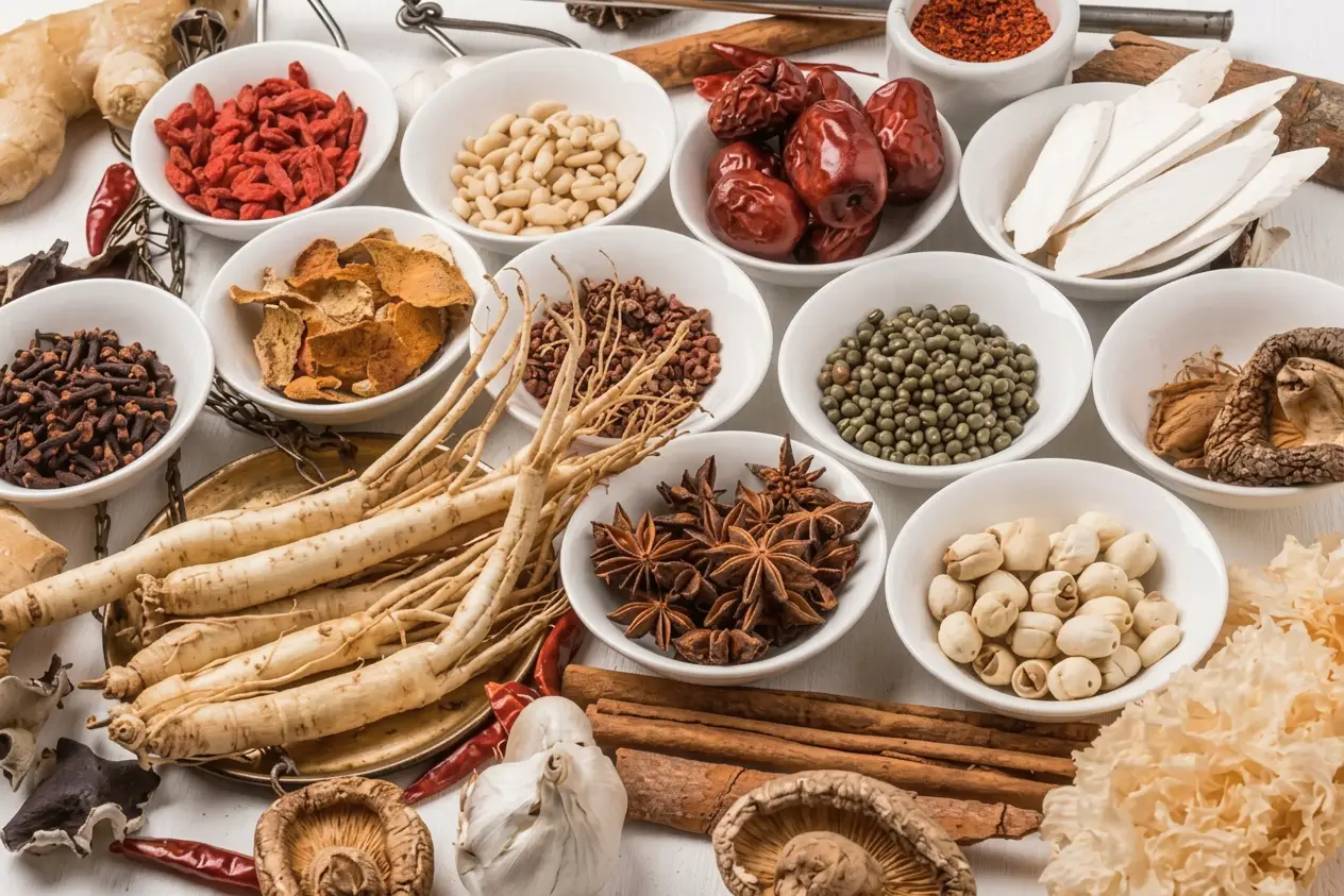 A variety of herbal ingredients arranged by type in white bowls