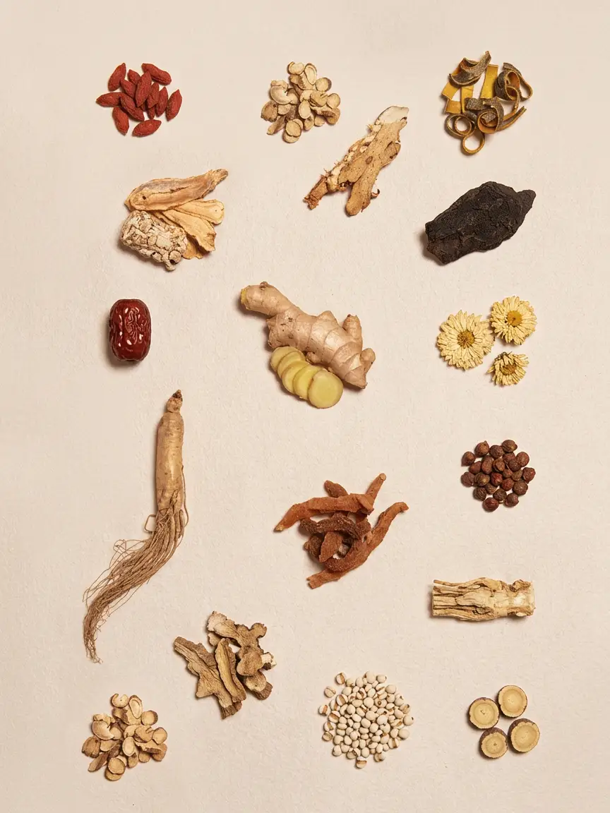 Individual herbal ingredients laid out on a beige background