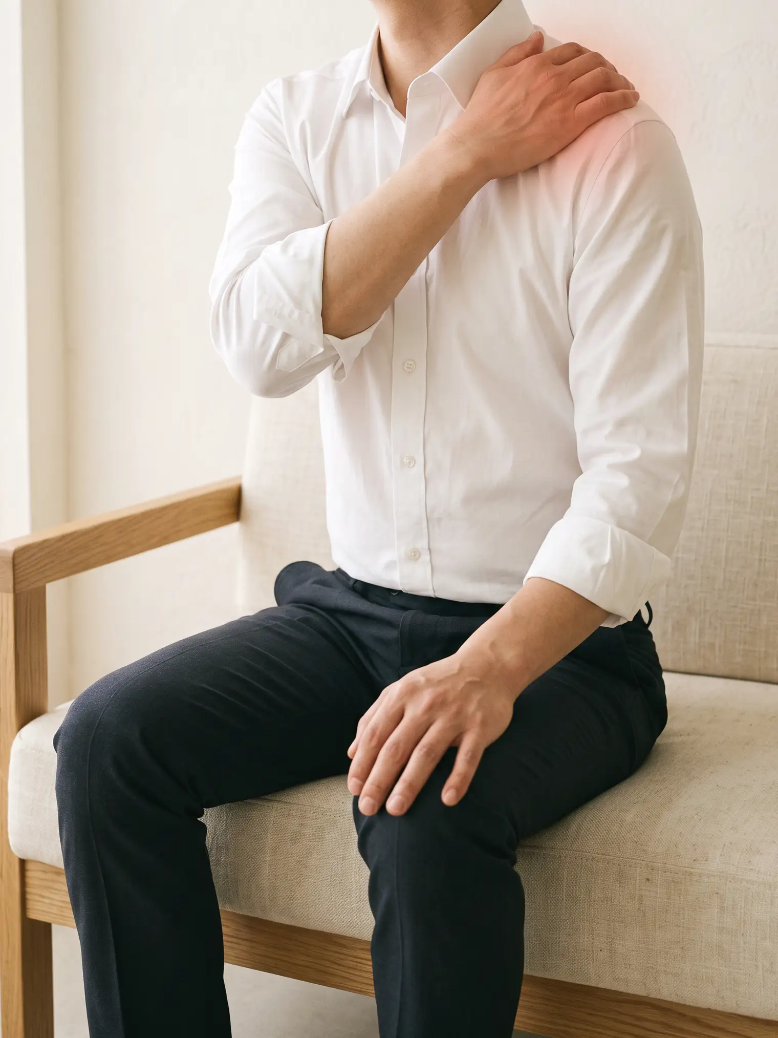 Sitting on a sofa, holding the opposite shoulder with one hand