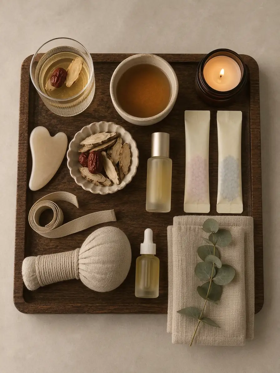 A wooden tray with tea, oil and gua sha tools
