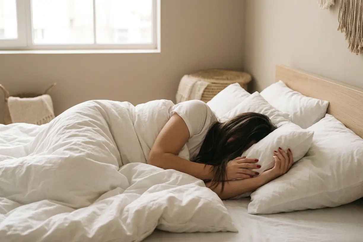 A woman lying curled up, hugging a blanket