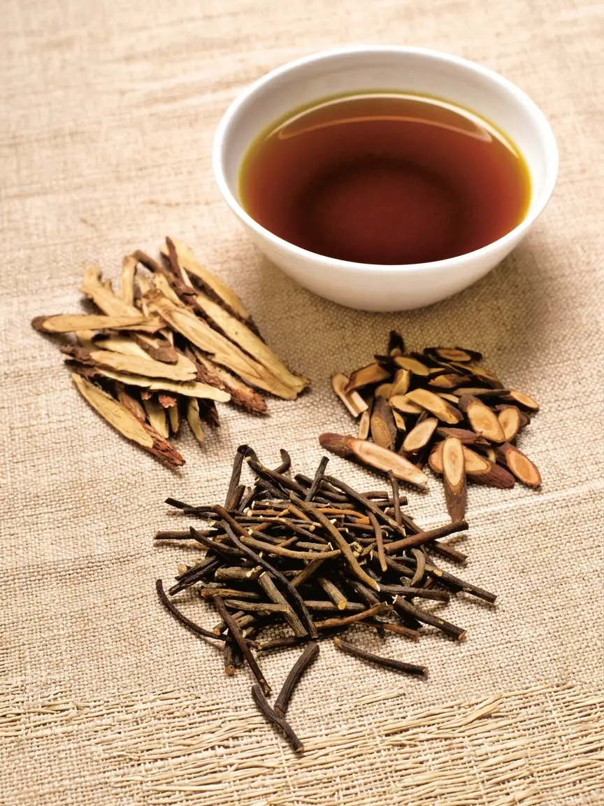 A bowl of brewed herbal medicine and dried herbs