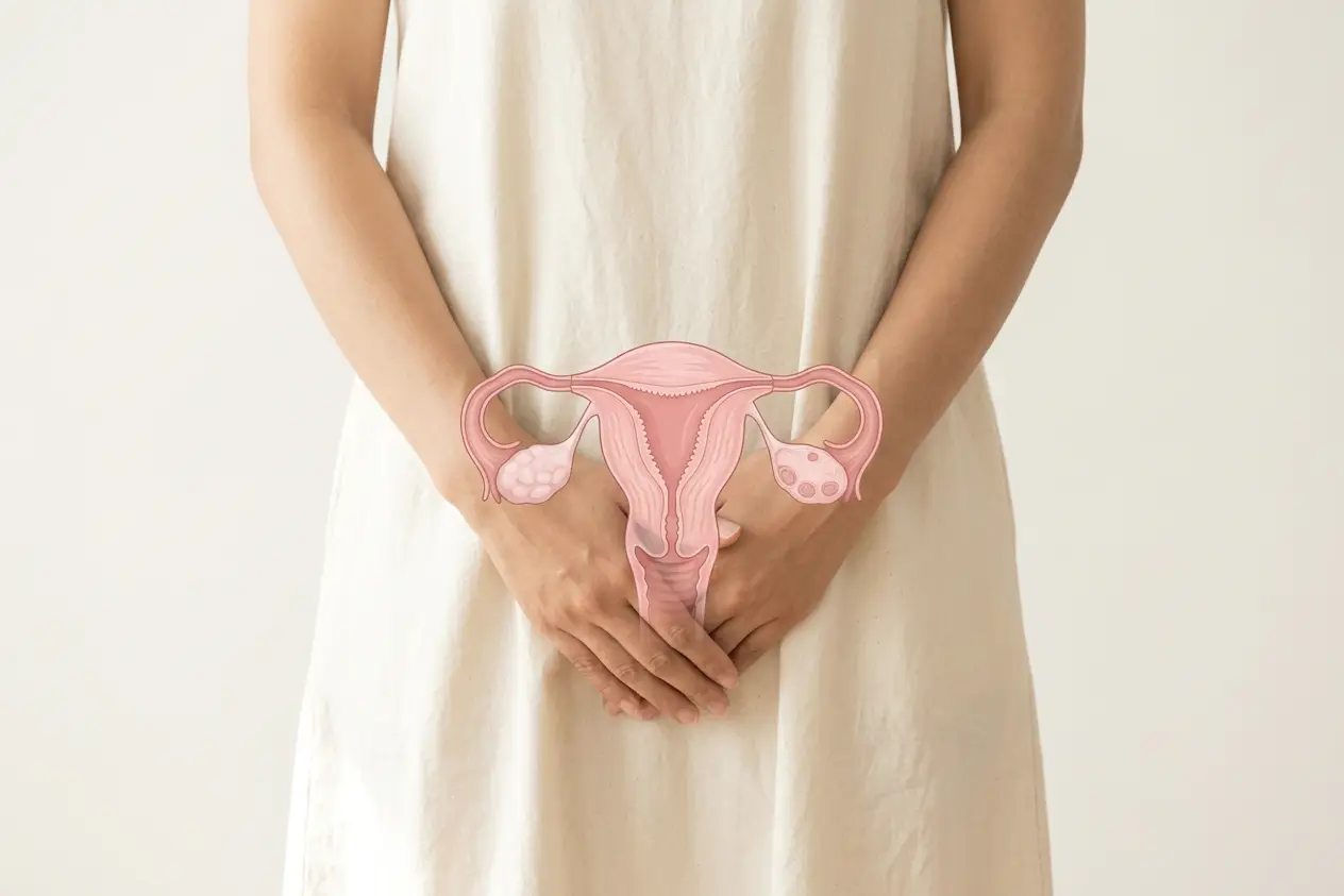 An illustration of the uterus overlaid on the lower abdomen