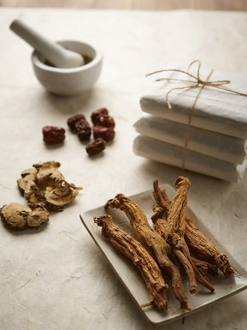 A mortar, ginseng roots and herbs on hanji paper