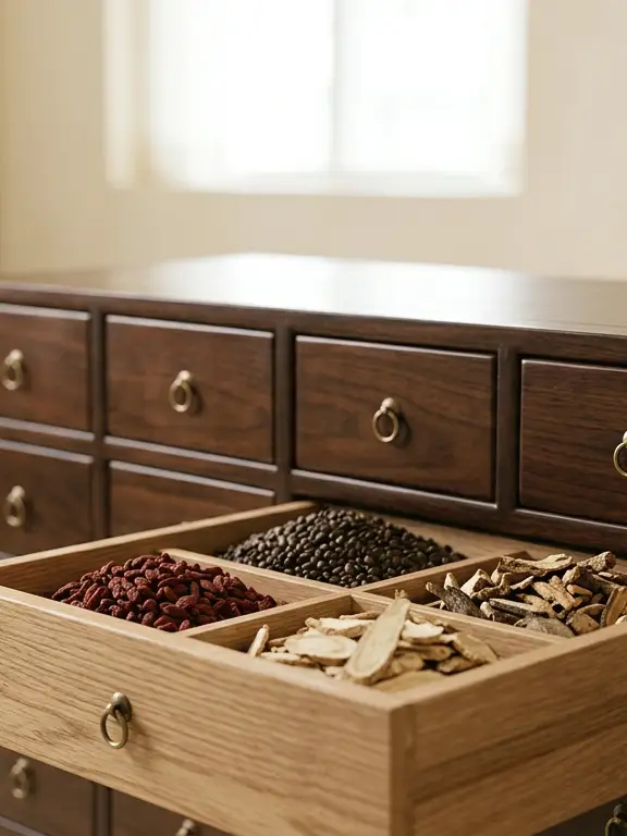 Wooden herbal medicine cabinet drawers, each filled with herbs