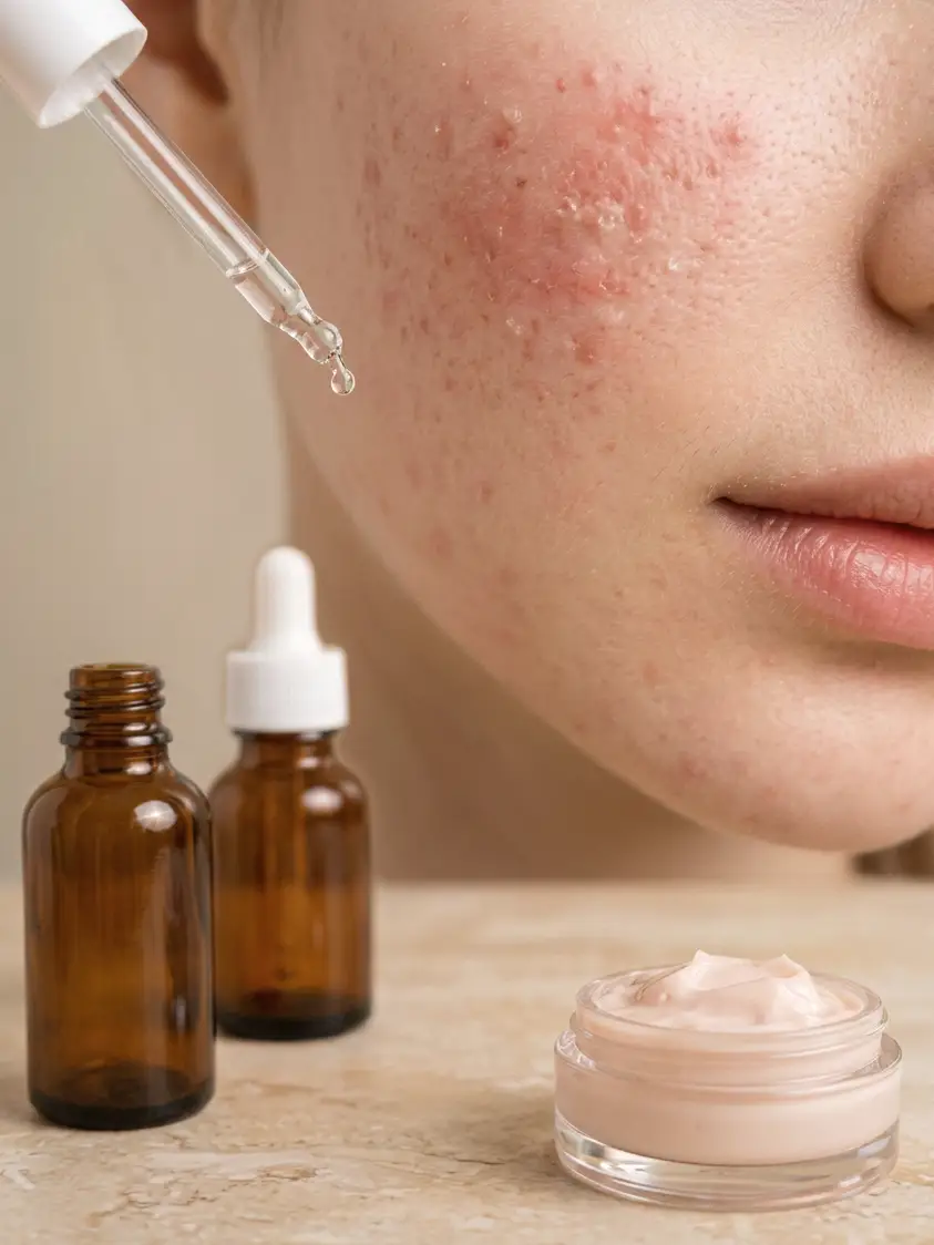 A serum dropper and cream next to a red cheek