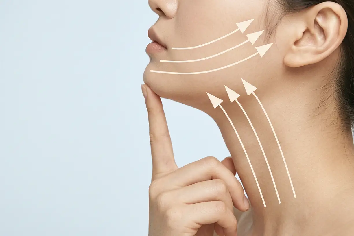 A face in profile with an upward arrow drawn along the jawline