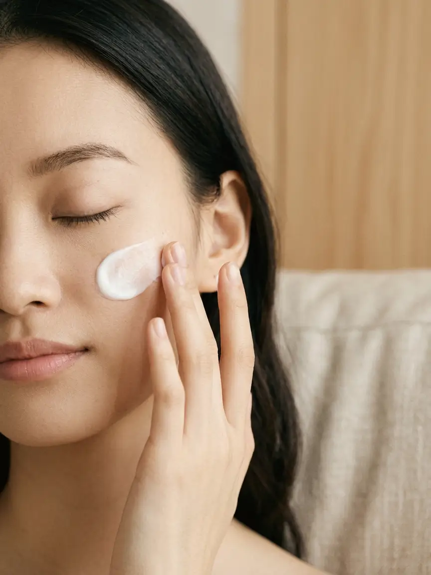 A woman applying cream to her cheek