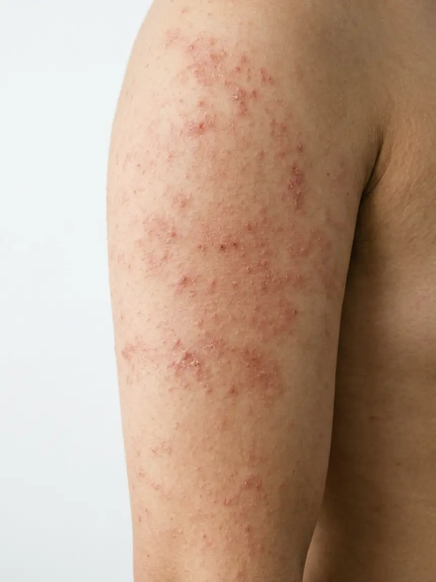 A wide red rash on an arm