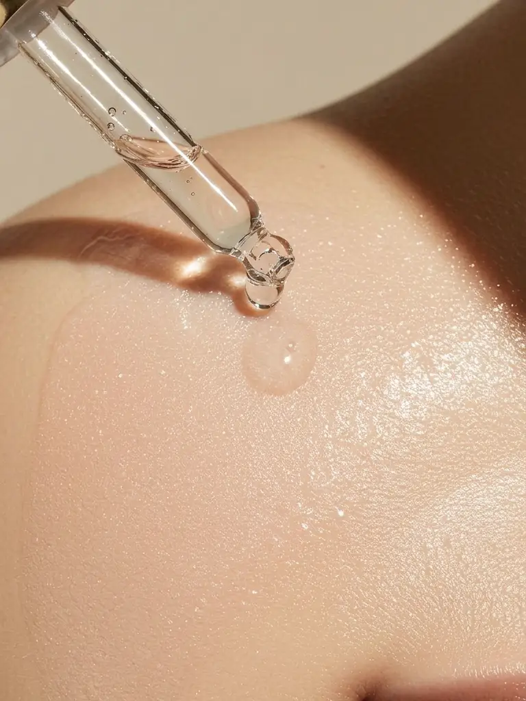 A dropper letting serum fall onto moist skin on the shoulder