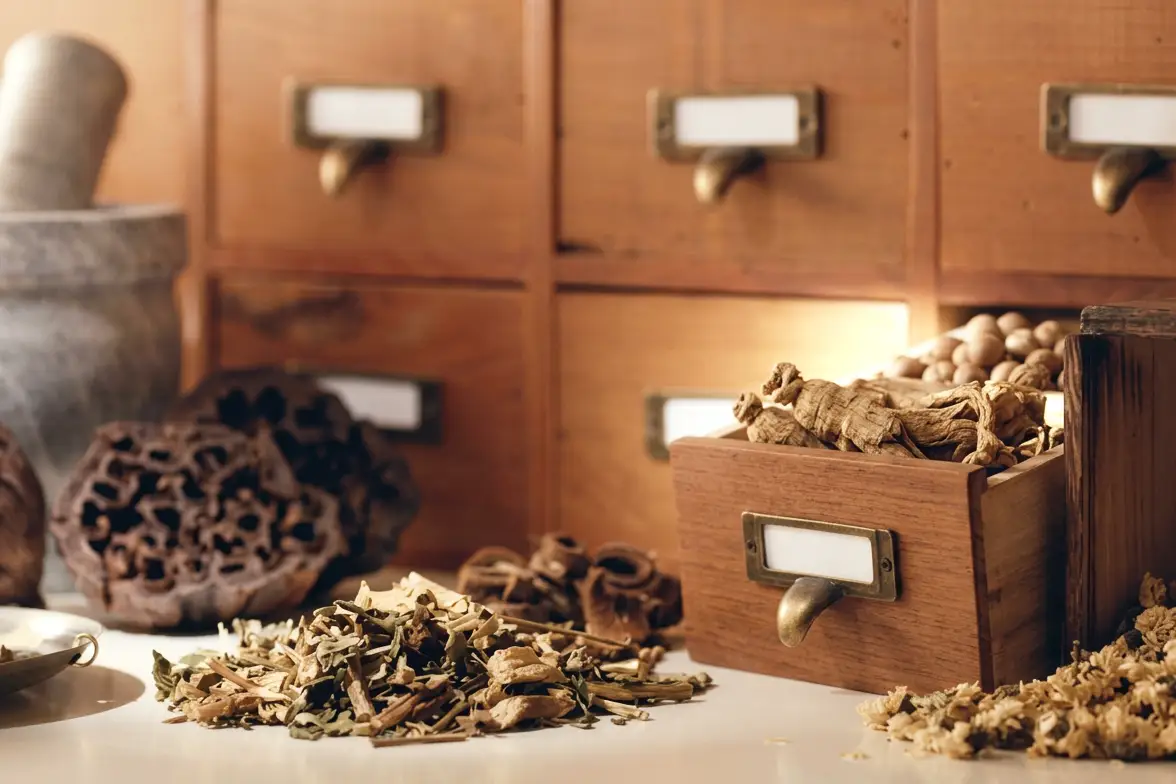 A counter with herbal medicine cabinet drawers and dried herbs