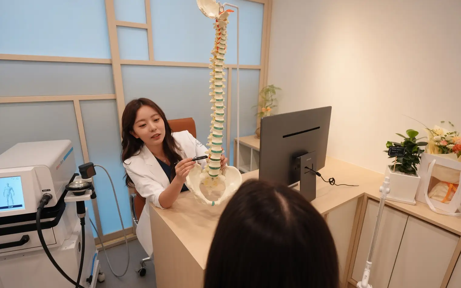 김정현 원장이 직장인 환자와 통증 부위를 상담하는 모습